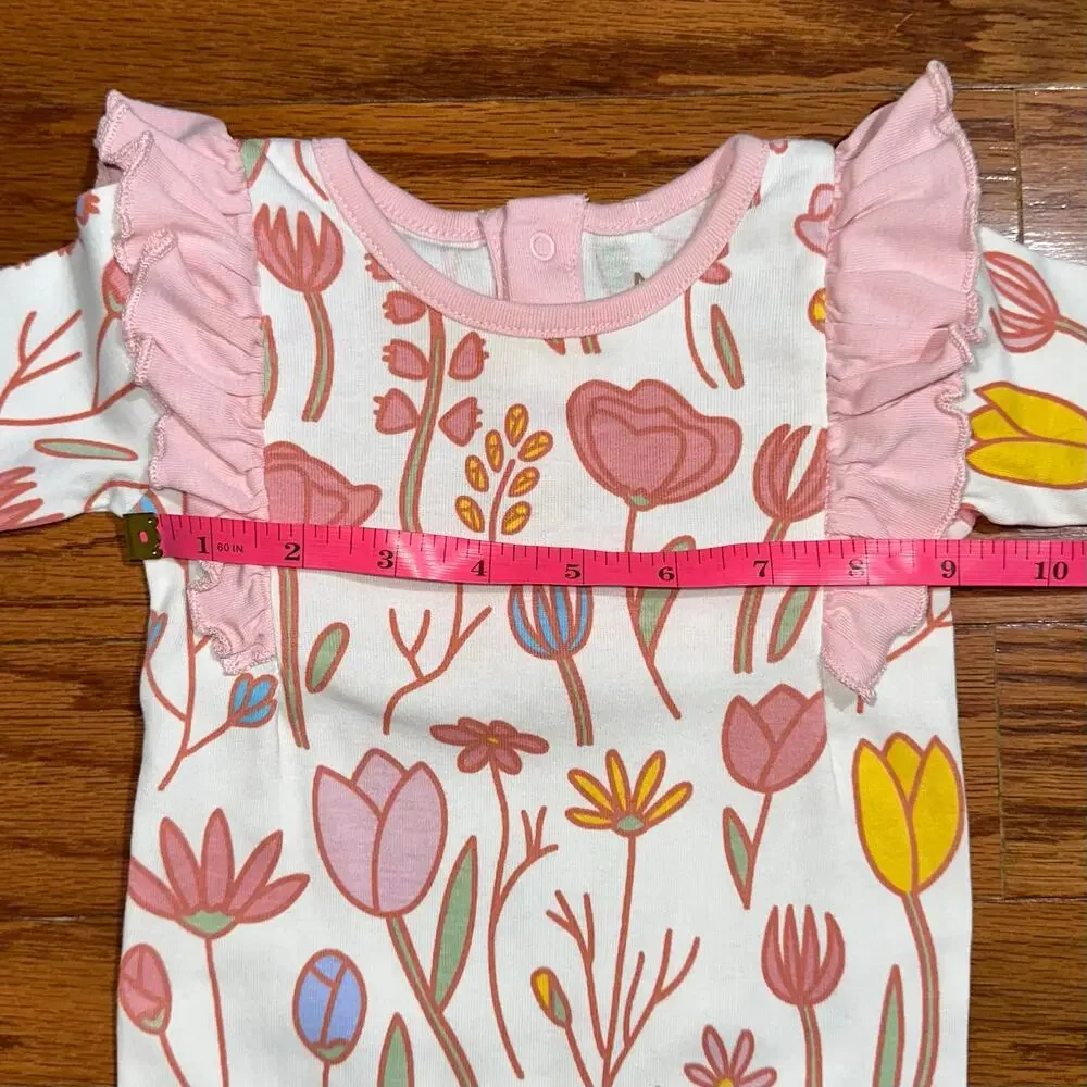M+A Monica + Andy Pink Floral Organic Cotton Long Sleeve Ruffle Romper Size 3-6M